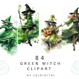 84 Green Witch Clipart | Green Fantasy Clipart | Watercolor Clipart | Digital Download | Commercial Use | PNG | 300 DPI