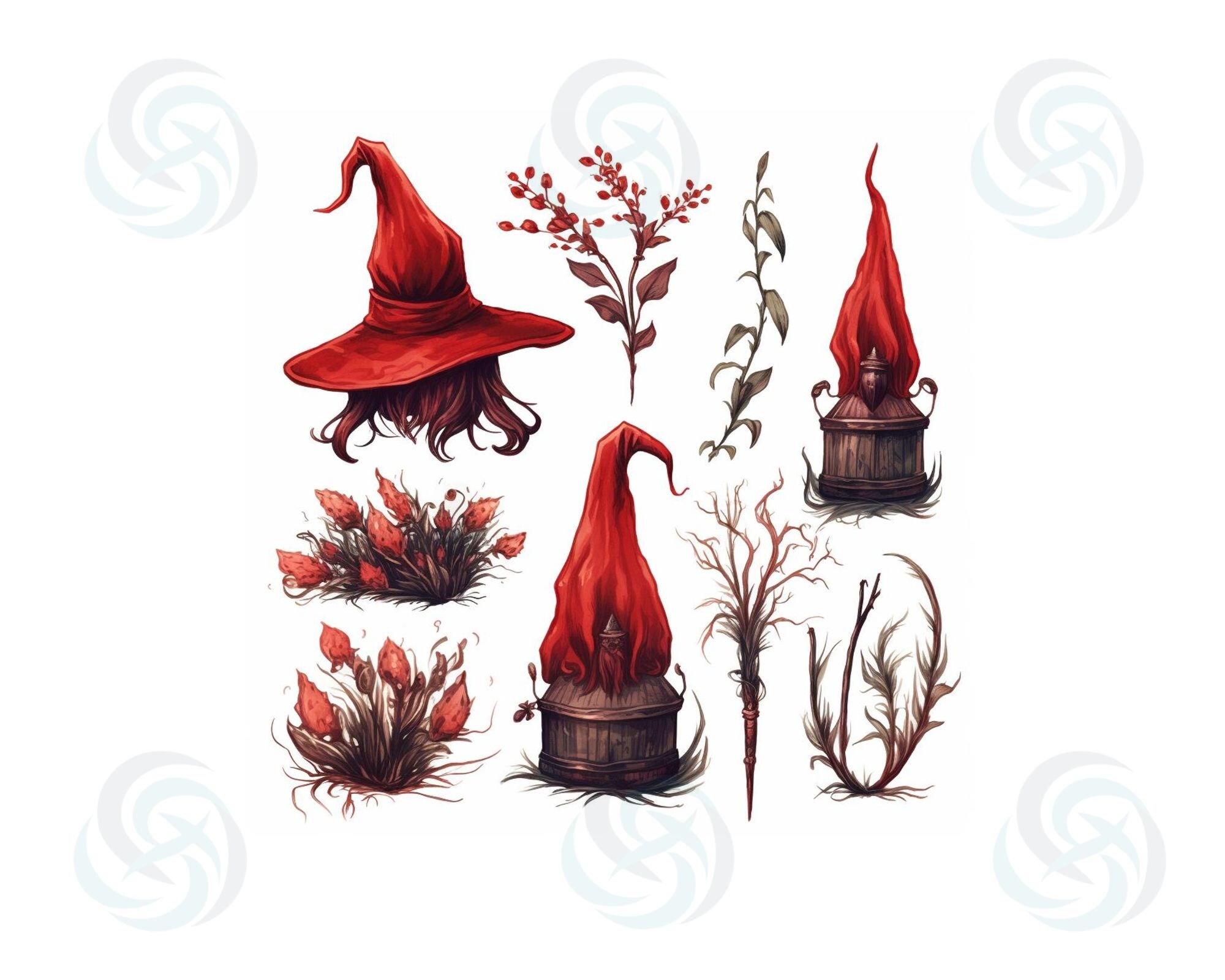 136 Red Witch Clipart | Red Fantasy Clipart | Watercolor Clipart ...