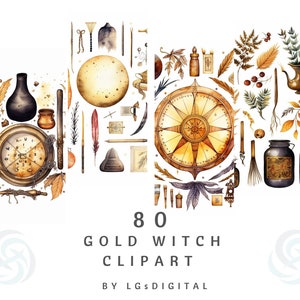 80 Gold Witch Clipart | Gold Fantasy Clipart | Watercolor Clipart | Digital Download | Commercial Use | PNG | 300 DPI