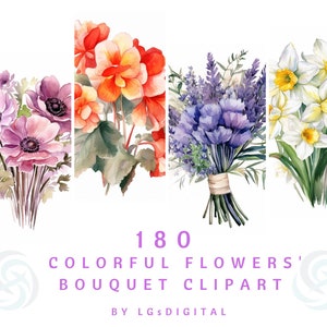 180 Colorful Flower Clipart | Colorful Bouquet Clipart | Watercolor Clipart | Digital Download | Commercial Use | PNG | 300 DPI