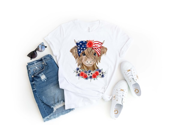 Oh My Stars Cow Shirt, Highland Cow shirt, Highland Cow With 4th July, American Flag Shirt, Fourth Of July Tee, Independence Day