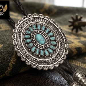 Handmade Turquoise Cluster Bolo Tie, Silver Concho Bolo Tie for Men, Western Cowboy Bolo Tie, Native American Style Jewelry, Gift for Him