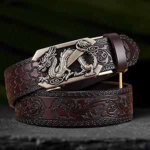 Handmade Dragon Mens Leather Belt, Dragon Belt Buckle, Genuine Leather, Perfect for Fathers Day Gift, Groomsmen Gifts, Gift for Him imagen 1