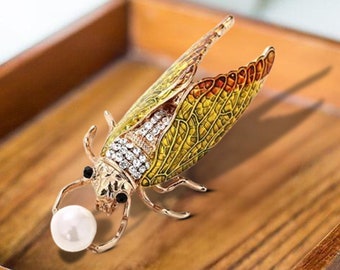 Handmade Cicada Enamel Pin with white pearl, Cicada Insect Metal Brooch, Unisex Lapel pin, Gift For Her, Gift For Him, Vintage Brooch