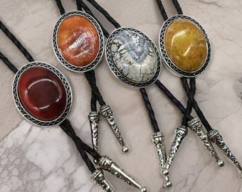 Handmade Agate Stone Oval Bolo Tie With Leather Rope, Western Cowboy Tie, Wedding Bolo Tie, Mens Necklace, Gift For Him, Gift For Her