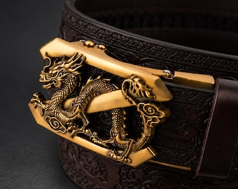 Dragon Leather Belt for Mens, Western Cowboy Belt with Dragon Belt Buckle in Silver and Gold, Unique Gift For Husband or Boyfriend