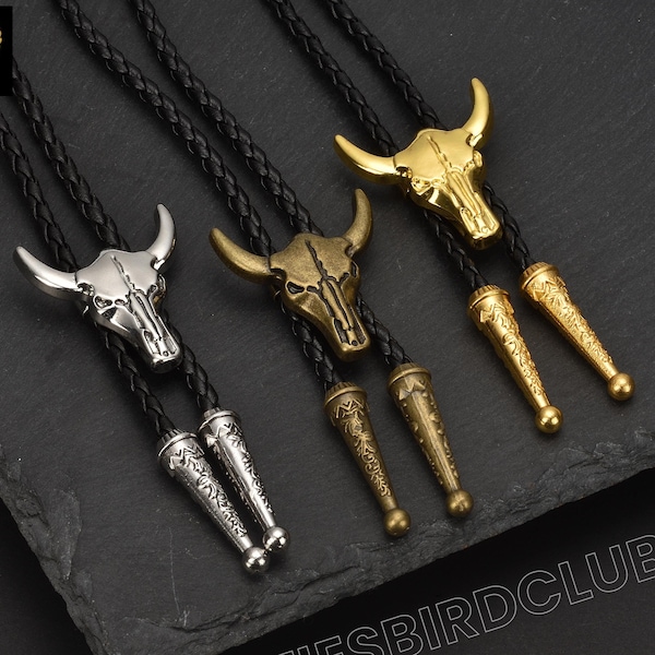 Handmade Bull Skull Bolo Tie, Cowboy Bolo Tie, Cow Skull Bolo Tie, Groomsmen Gifts, Skull, Men's Jewelry with Leather Rope, Gift For Him.
