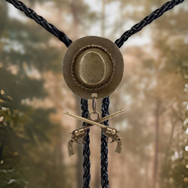 Western Cowboy Double Gun Hat Bolo Tie with Leather Rope, Mens Necklace, Wedding Bolo Tie, Gift For Dad, Gift For Him