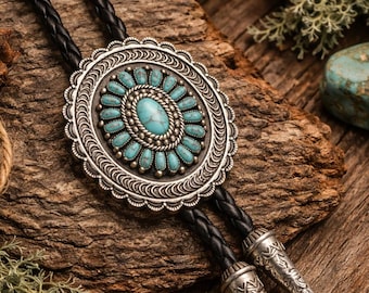Handgefertigte Bolo-Krawatte mit Türkis, Cowboy-Krawatte für Herren, Bolo-Krawatte mit Lederseil und Türkis, Geschenk für Trauzeugen, Geschenk für Ihn, Western-Bolo-Krawatte