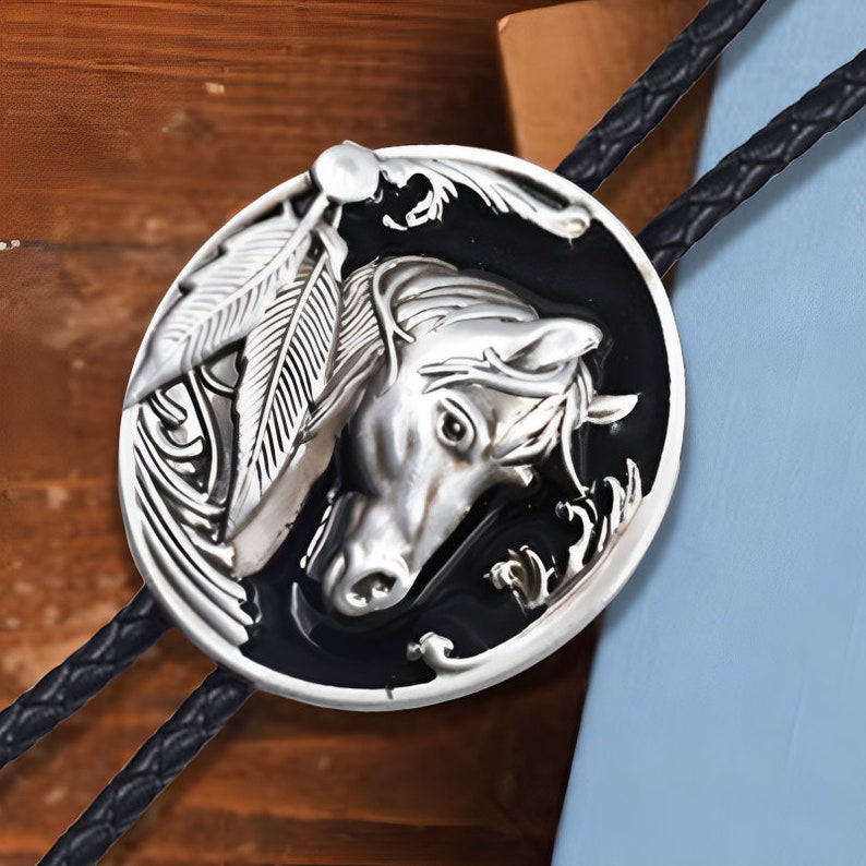 Handmade Horse Bolo Tie, CowBoy Bolo tie With Leather Rope, Unique Bootlace tie, Groomsmen Asking Gifts, Special Gift for Dad, Gift For Him Silver+Black