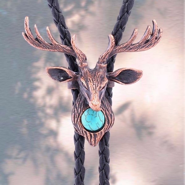 Deer Head Bolo Tie, Unique Bolo tie With Leather Rope Design, Groomsmen Asking Gifts, Bootlace Tie, Special Gift for Dad, Gift For Him