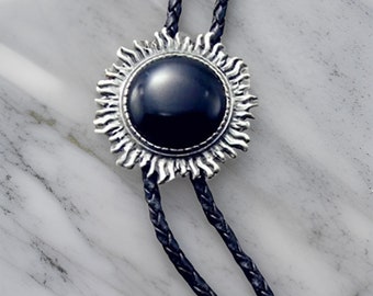 Handmade Obsidian Black Sun Bolo Tie With Leather Rope, Unisex Bolo Tie, Western Cowboy Bolo Tie, Mens Necklace, Gift For Him