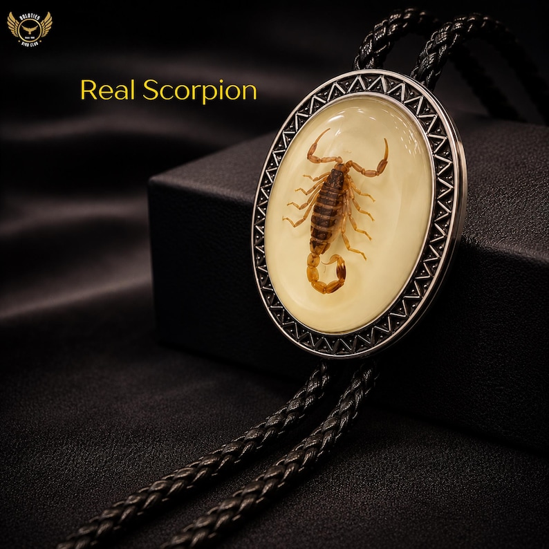 May include: Oval bolo tie with a preserved scorpion in clear resin. The scorpion is brown and tan, set against a cream background. The silver-toned metal frame has a decorative edge, and the tie has a black braided cord.