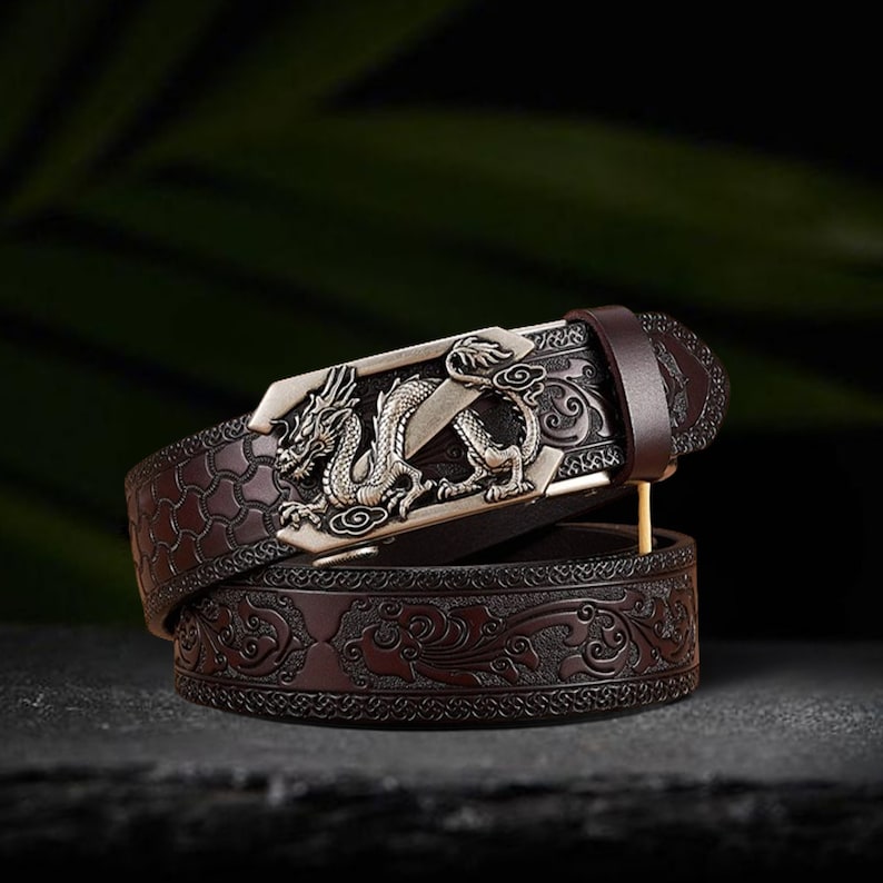 Handmade Dragon Mens Leather Belt, Dragon Belt Buckle, Genuine Leather, Perfect for Fathers Day Gift, Groomsmen Gifts, Gift for Him imagen 1