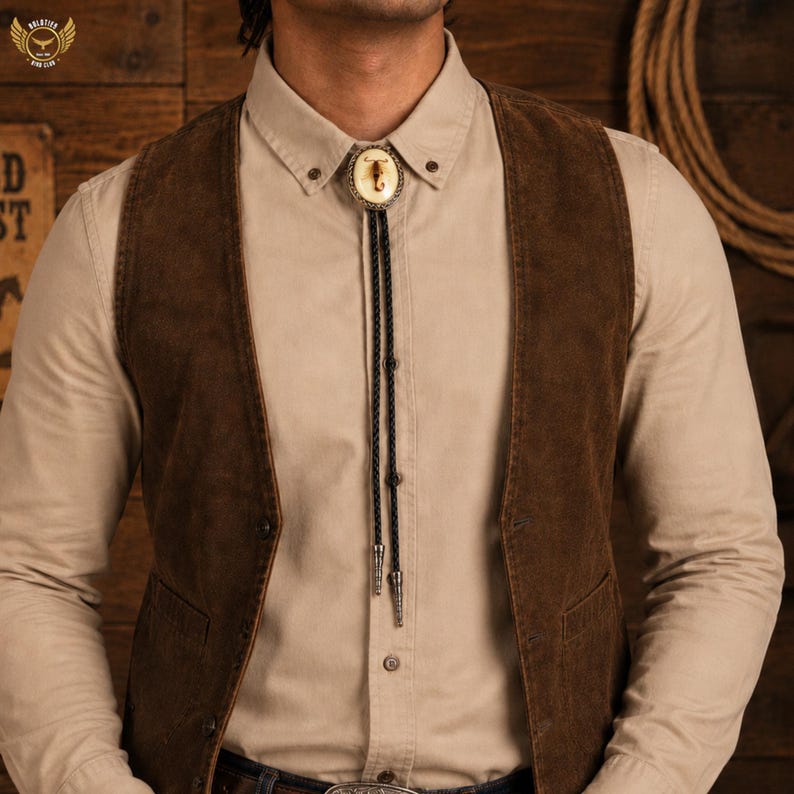 Pu&ograve; includere: Una camicia beige con bottoni e un gilet in camoscio marrone sono indossati con una cravatta a bolo con un disegno di toro. La cravatta a bolo ha un cordino nero intrecciato con punte color argento. Il gilet ha una vestibilit&agrave; classica e su misura.