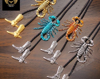 Scorpion Bolo Tie With Leather Rope, Western Cowboy Boots, Wedding Bolo Tie, Scorpion Necklace, Groomsmen Gift, Gift For Her, Gift For Him