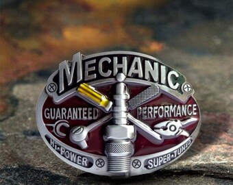 Handmade Red and Silver Mechanic Tradesman Metal Belt Buckle, Garage Kit Belt Buckle, Mens Belt Buckle, Gift For Him, Mechanic Gifts