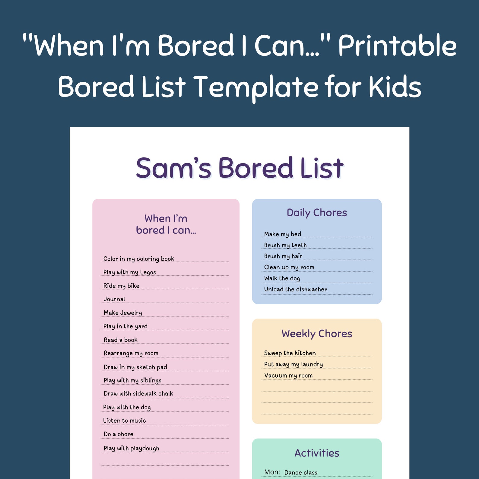 When I'm Bored I Can... Printable Bored List Template for Kids | Chores ...