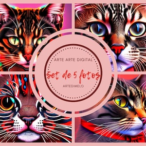 Set of 5 photos, digital illustrations of cats, kittens, printable cat art, pussycats