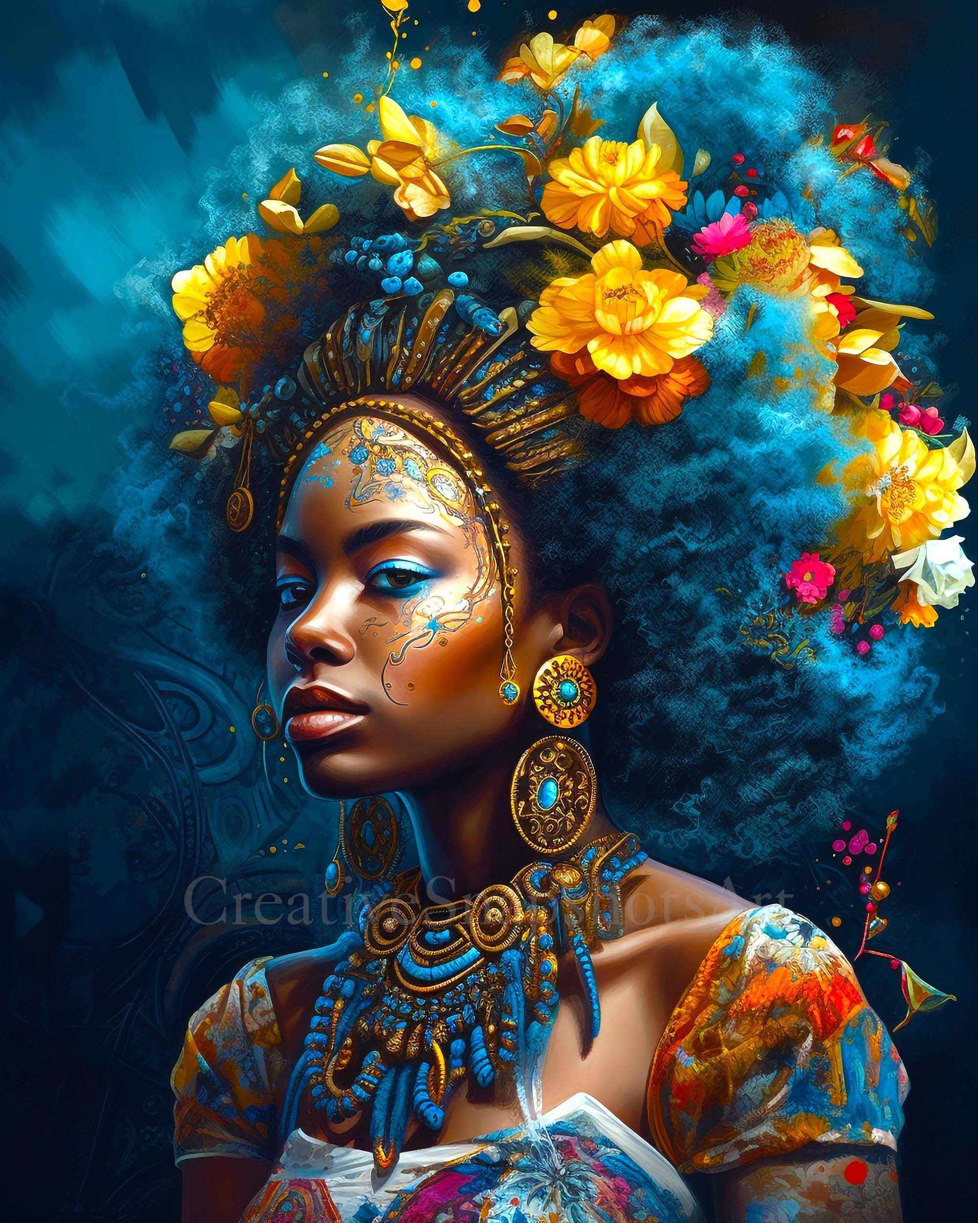 Blossoming Beauty - Digital Download, AI Art, Printable Wall Art, Black Girl, Wall Decor Floral Art Black Art Print Wall Art Poster