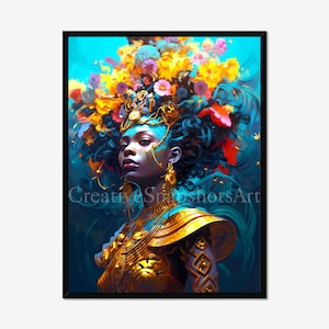 Bold & Beautiful black girl AI Art digital download printable Art digital Art portrait floral art home decor african american art Black art