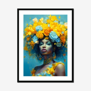 Pensive Beauty digital download printable art black woman portrait floral art home decor african american art, Black art, black girl, AI Art