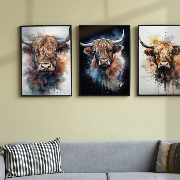 Highland Cow Three Piece Wall Art | Perfect Gift Idea | Abstract Digital Art | Instant Download