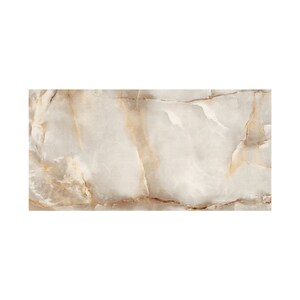 May include: A rectangular tile featuring a polished surface with a cream and off-white base color. The tile displays a natural stone pattern with intricate, flowing veins in shades of light brown, tan, and soft gold, creating a marbled appearance.