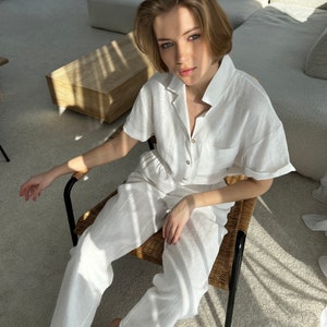 Womens linen shirt, Wide sleeve shirt, Dress shirt, White color shirt, Loose linen shirt, Short sleeve linen shirt