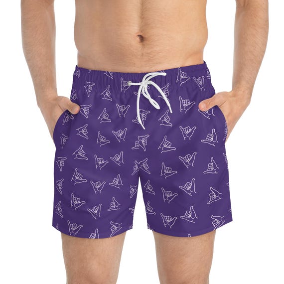 Dark purple Shaka Hang Loose Swim Trunks, Men's Surf Beach Shorts, Hawaiian Board Shorts, Ocean Swimwear, Summer Vacation Apparel