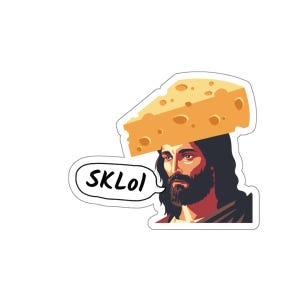 May include: A sticker featuring a cartoon illustration of a person with a beard and long hair wearing a slice of cheese on their head. The person is looking to the left and has a speech bubble above their head that says "SKLOL".