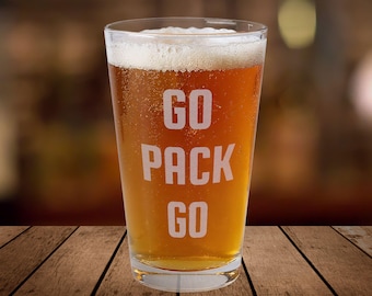 Go Pack Go Pint Glass, 16oz Engraved Packers | Football Fan Barware