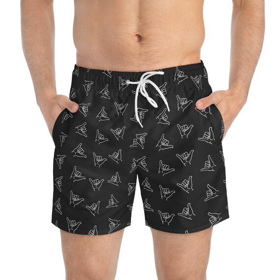 Black Shaka Hang Loose Swim Trunks, Men's Surf Beach Shorts, Hawaiian Board Shorts, Ocean Swimwear, Summer Vacation Apparel