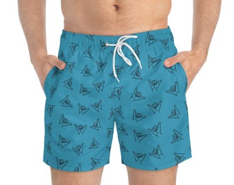 Light Blue Shaka Swim Trunks, Men's Hawaiian Surf Shorts