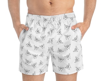 White Shaka Hang Loose Swim Trunks, Men's Beach Board Shorts