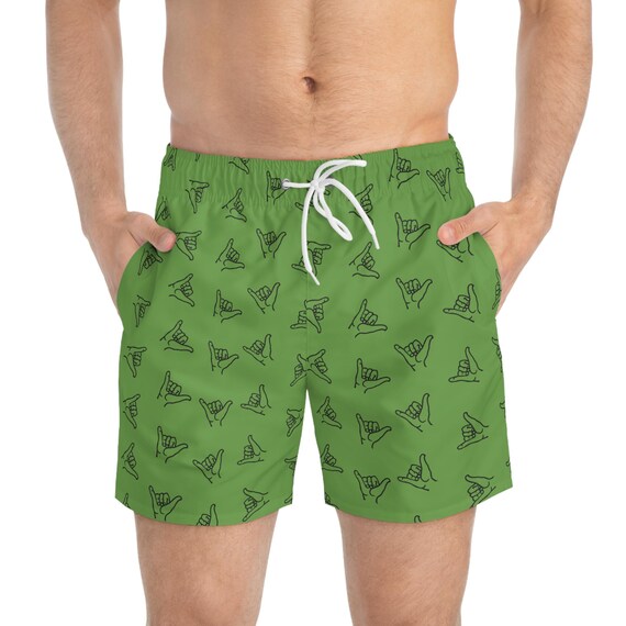Green Shaka Hang Loose Swim Trunks, Men's Surf Beach Shorts, Hawaiian Board Shorts, Ocean Swimwear, Summer Vacation Apparel