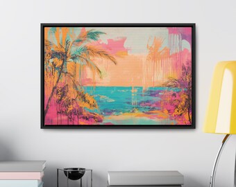 Tropical Paradise Neon Palm Tree Art, Beach Home Decor, Horizontal Frame Stretched Prints, Wall Hanging, Coastal Wall Art