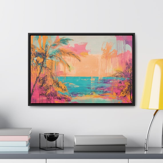 Tropical Paradise Neon Palm Tree Art, Beach Home Decor, Horizontal Frame Stretched Prints, Wall Hanging, Coastal Wall Art