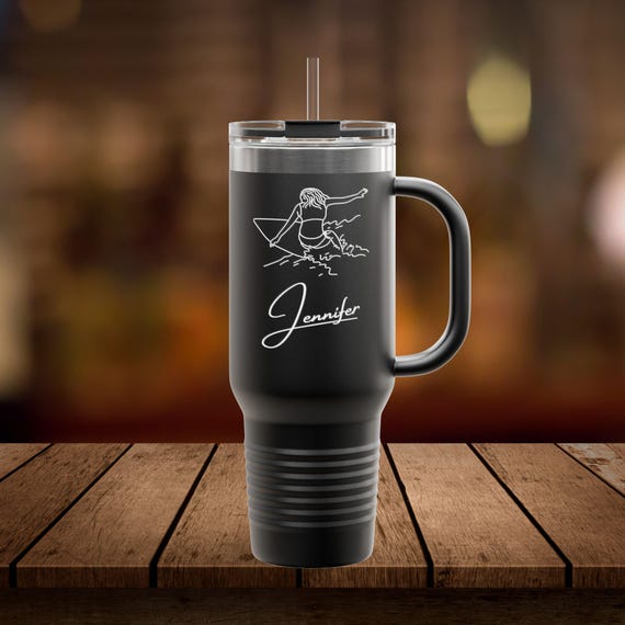 Personalized Surf Girl Insulated Travel Mug, 40oz Logo on Both Sides - Surfing Theme, Gift for Surfers, Beach Lovers, Beach Travel