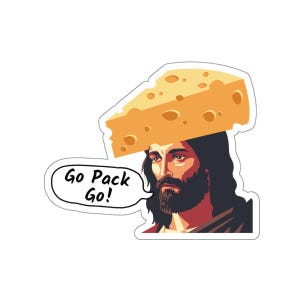 May include: A digital illustration of a person with a long beard and long brown hair wearing a yellow cheese wedge on their head. The person is looking to the right and has a speech bubble that says "Go Pack Go!"