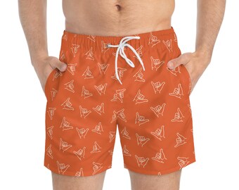 Orange Shaka Hang Loose Swim Trunks, Men's Beach Board Shorts