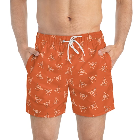 Orange Shaka Hang Loose Swim Trunks, Men's Surf Beach Shorts, Hawaiian Board Shorts, Ocean Swimwear, Summer Vacation Apparel