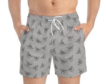 Grey Shaka Hang Loose Men's Swim Trunks, Surf Board Shorts