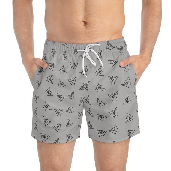 Grey Shaka Hang Loose Swim Trunks, Men's Surf Beach Shorts, Hawaiian Board Shorts, Ocean Swimwear, Summer Vacation Apparel