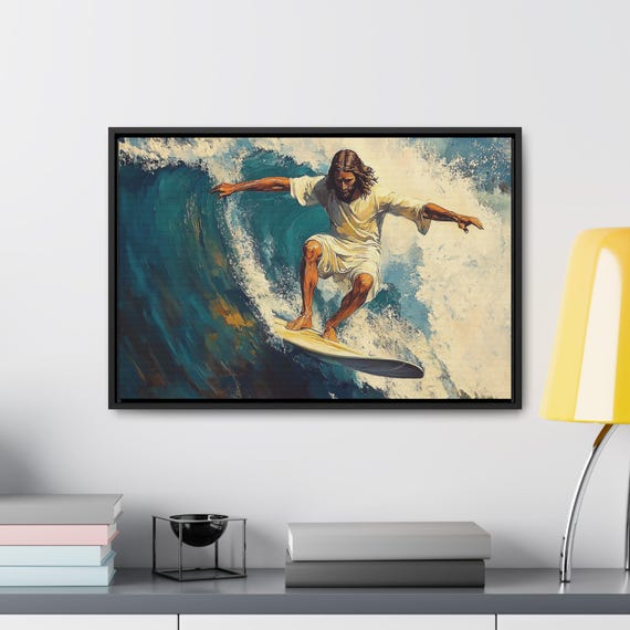 Religious Jesus Christ Surfing Canvas Wall Art Print, Christian Home Decor, Bible Inspirational Poster, Christian Gift, Religious Artwork