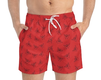 Red Shaka Hang Loose Swim Trunks, Men's Beach Board Shorts