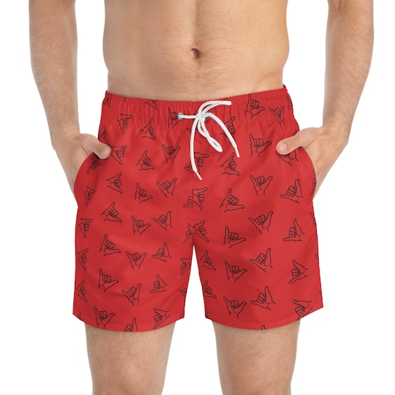 Red Shaka Hang Loose Swim Trunks, Men's Surf Beach Shorts, Hawaiian Board Shorts, Ocean Swimwear, Summer Vacation Apparel