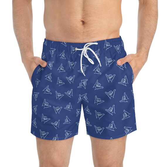 Blue Shaka Hang Loose Swim Trunks, Men's Surf Beach Shorts, Hawaiian Board Shorts, Ocean Swimwear, Summer Vacation Apparel