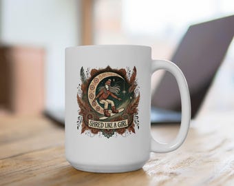 Boho Snowboarder Ceramic Mug, Shred Like A Girl Design