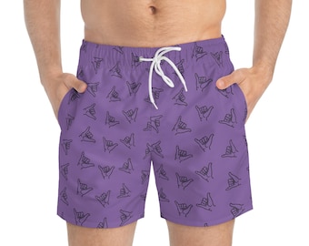 Purple Shaka Hang Loose Swim Trunks, Men's Beach Board Shorts